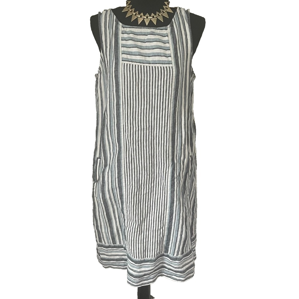 J.JILL Love Linen Womens Sz M Striped w/Pockets Sleeveless Dress 100% Linen Boho